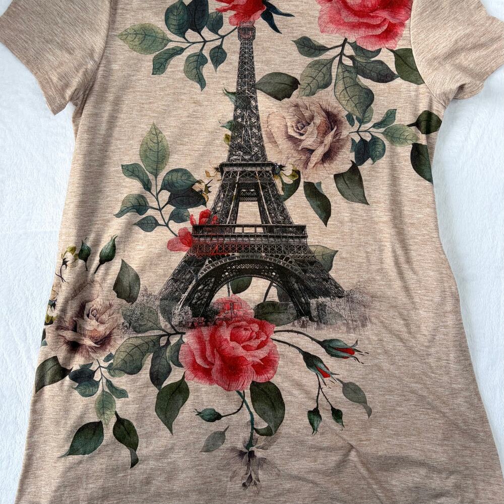 Remplie Eiffel Tower Printed Shirt Dress Women’s L Tan Artsy Roses Parisian Y2K - Picture 6 of 7